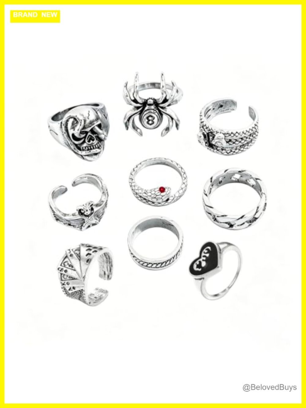 Gothic Punk Stackable Rings Set Silver Tone Adjustable